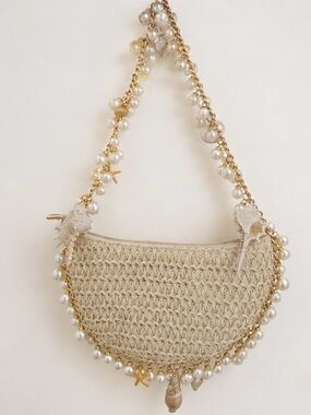 Beige Pearl-Straw Embellished Woven clutch purse Bag